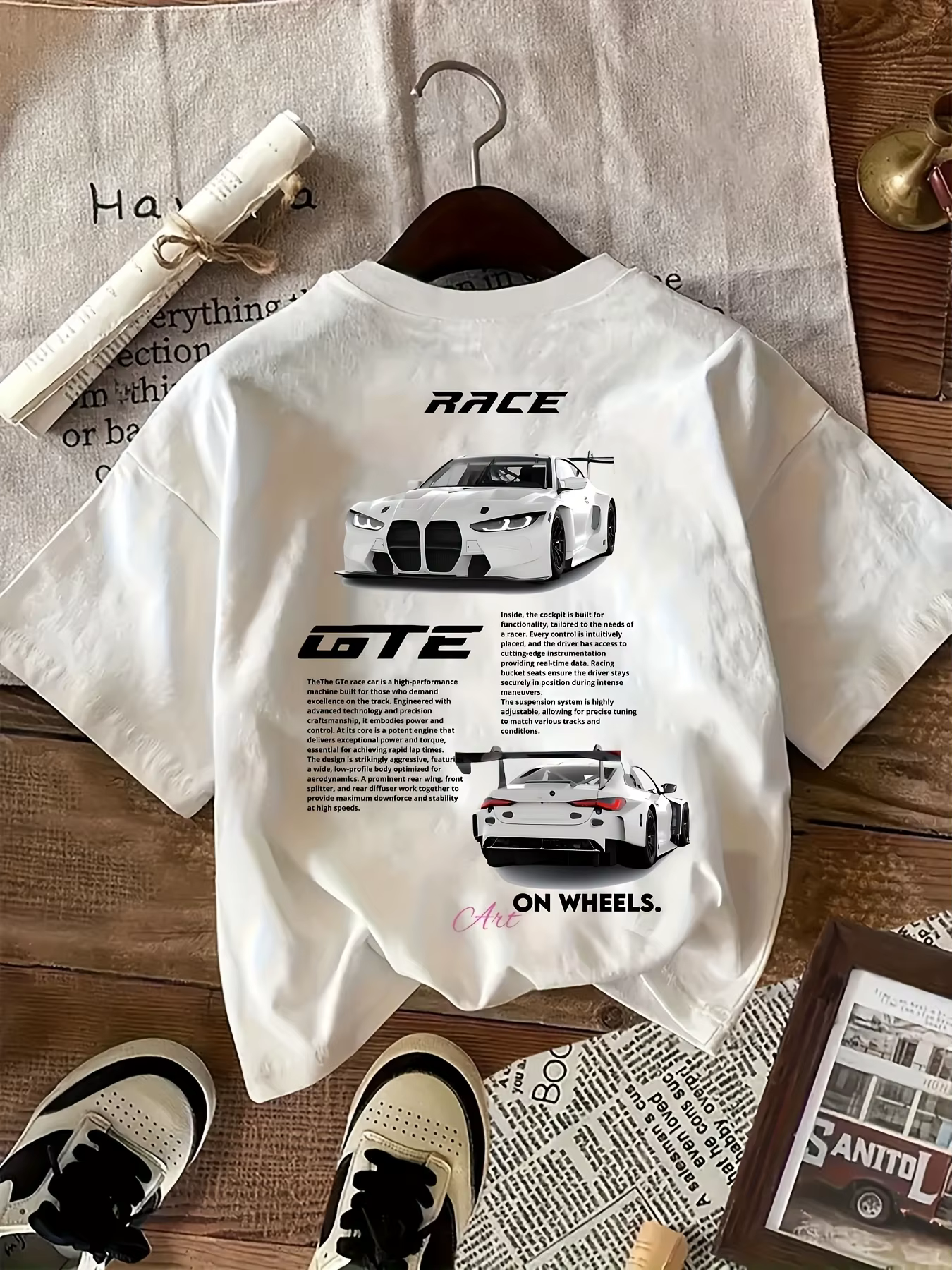 T-shirt en coton blanc pour homme, imprimé graphique voiture de course GT, streetwear, hip hop, déco