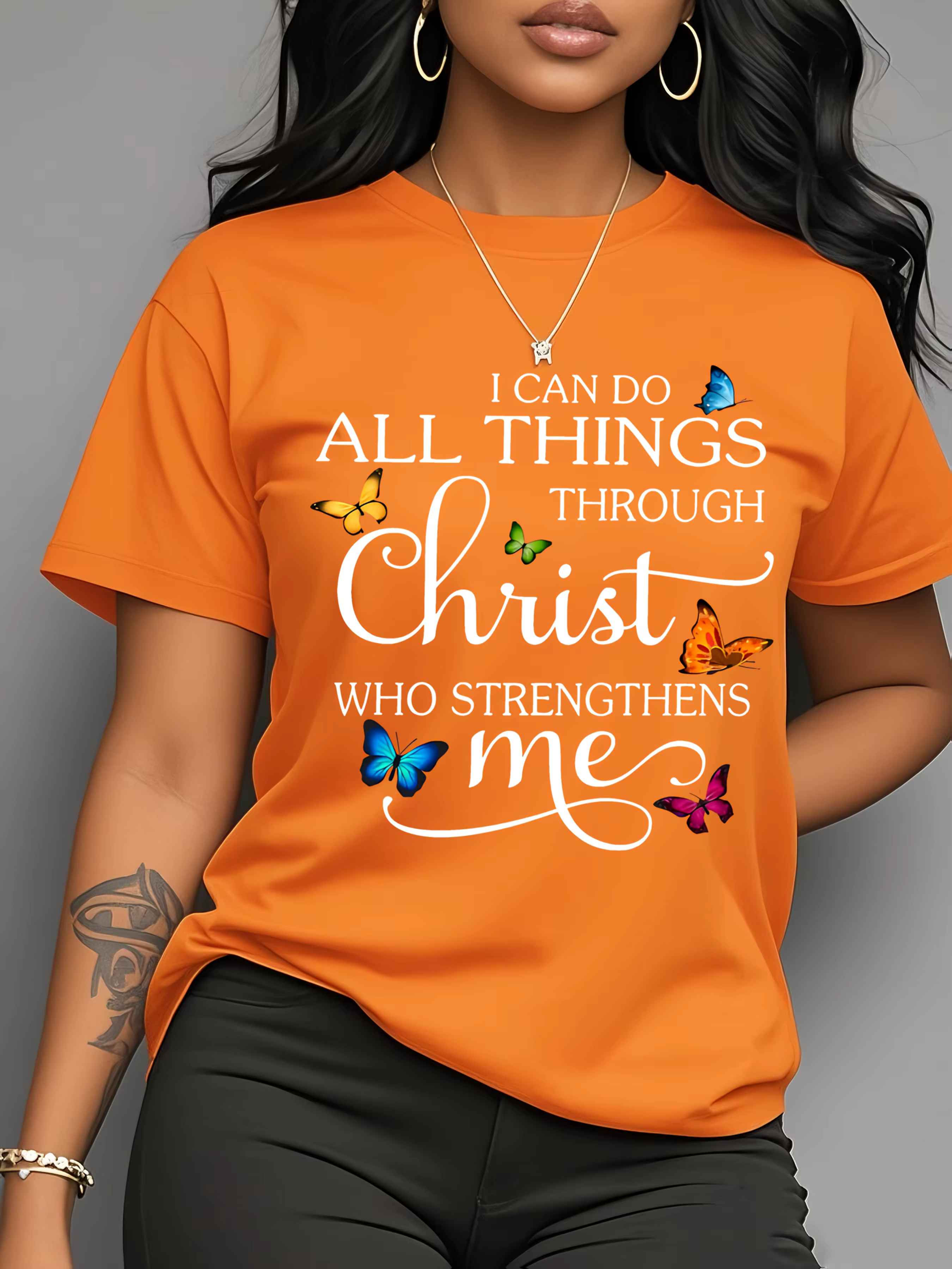 T-shirt pour femme « I Can Do All Things Through Christ » - Motif papillon chrétien, haut rose décon