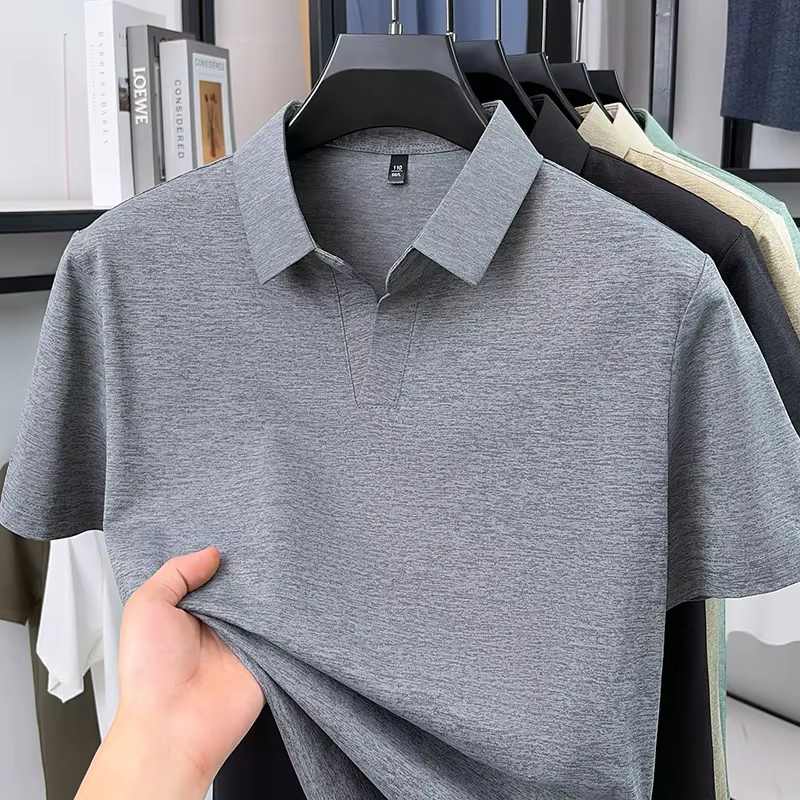 Polo uni mélangé pour homme, col à revers sans bouton, col en V, tissu fin extensible et doux, idéal