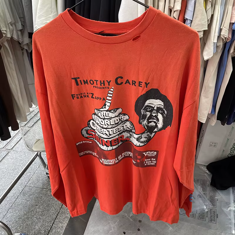 T-shirt Rétro Délavé Rouge PALY à Manches Longues en Coton pour Homme et Femme, Style Urbain, Effet 