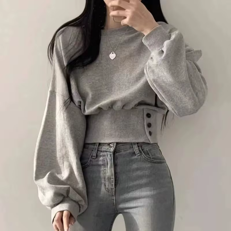 Haut court à col rond pour femme, couleur unie, manches lanternes, avec boutons, pull sportif Hip-Ho
