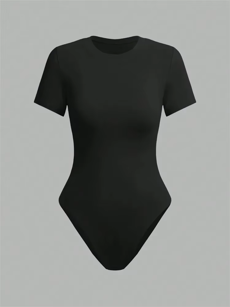 Body basique à manches courtes pour femmes, couleur unie, col rond, moulant, barboteuse, chemisier, 