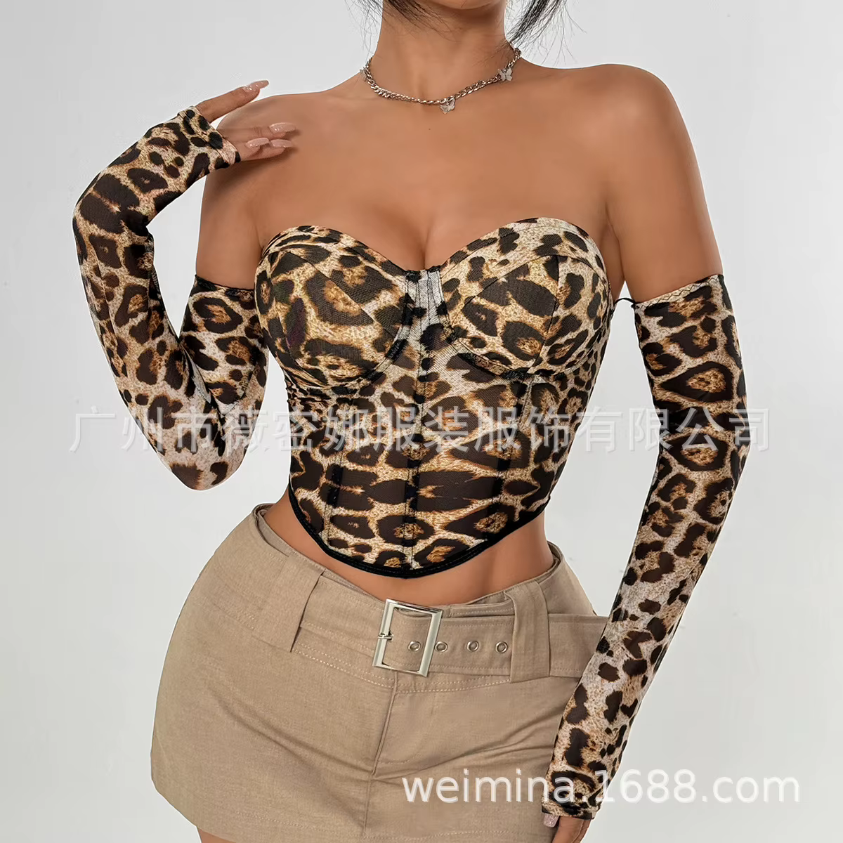 Crop top sexy léopard pour femme, été, sans bretelles, camisole à manches longues, épaules dénudées,