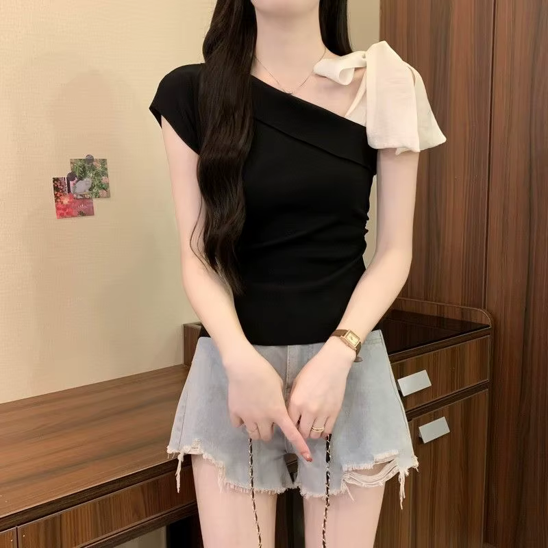 T-shirt élégant en tricot à nœud papillon pour femme, haut ajusté à manches courtes et épaules dénud