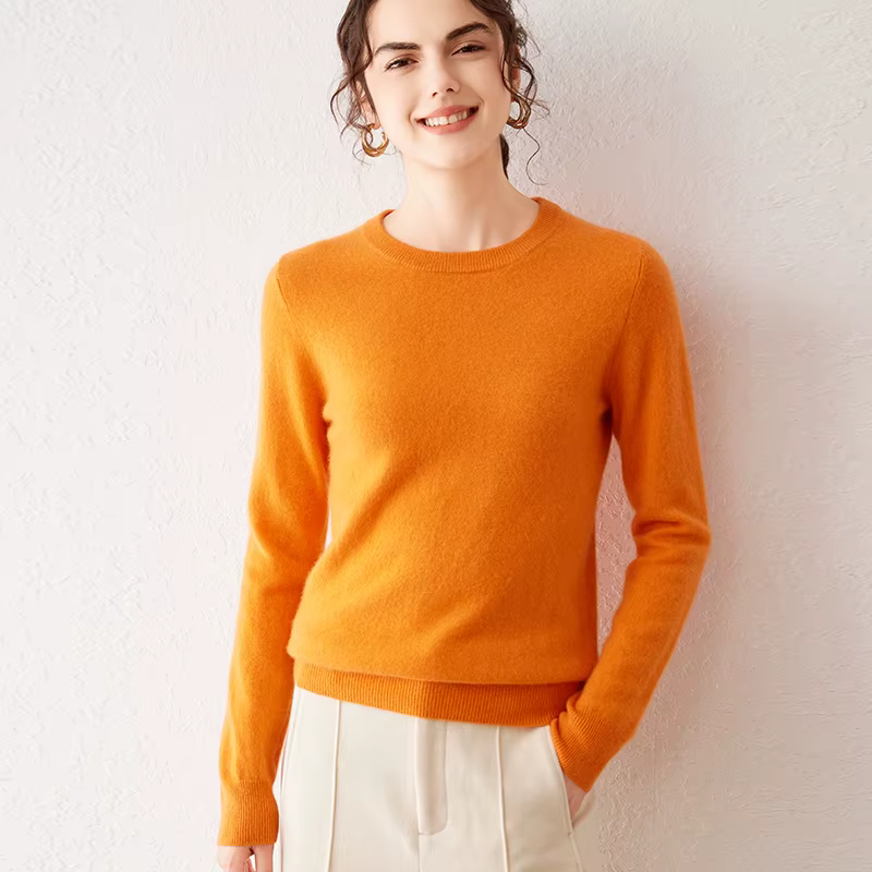 Pull en cachemire pur pour femme, col ras du cou, manches longues, chaud et doux, tricoté, nouvelle 