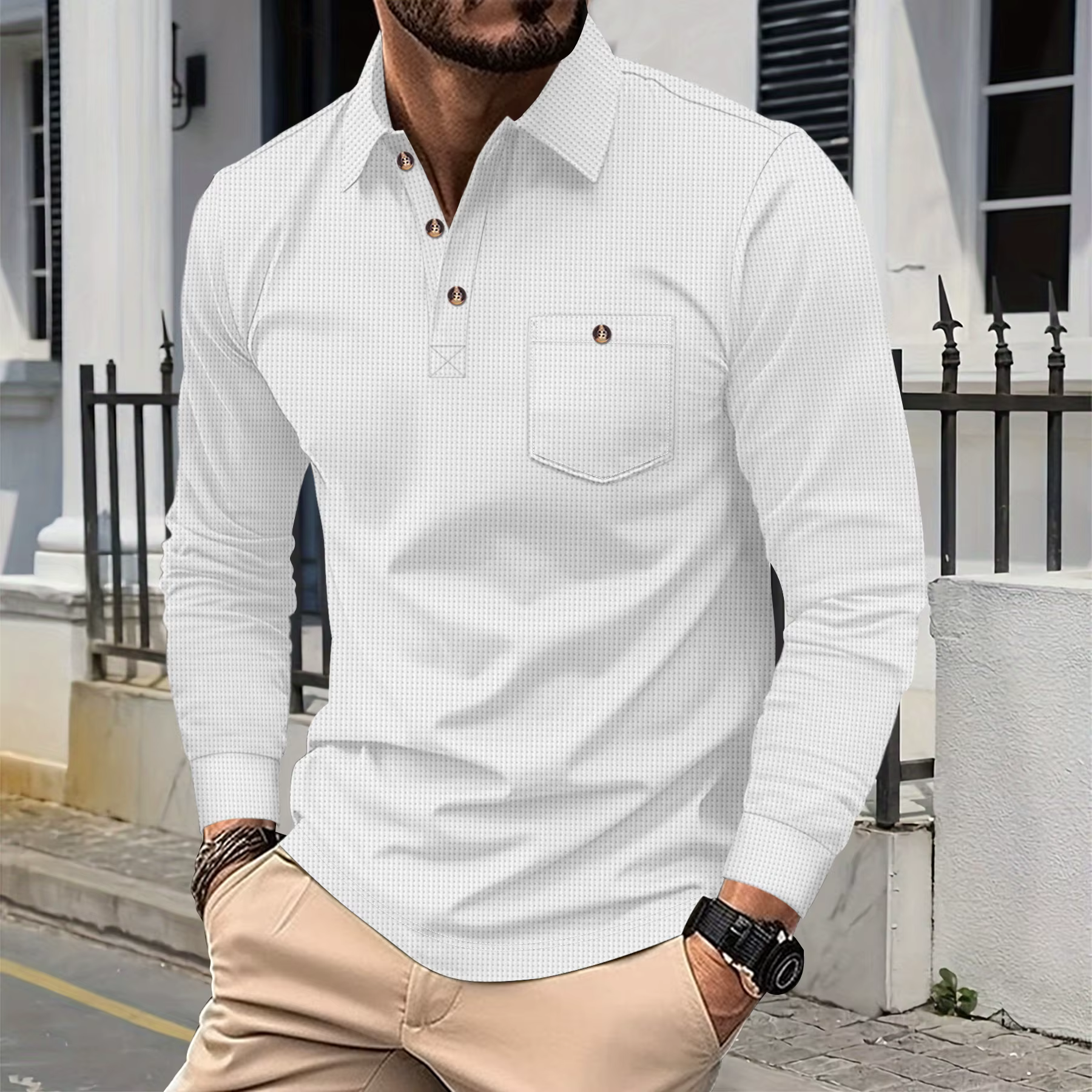 Polo Henley en tricot gaufré pour homme - T-shirt décontracté à manches longues avec col rabattu et 