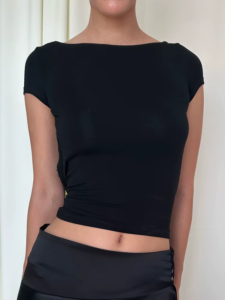 Haut court froncé à manches courtes et col rond pour femme, Streetwear Y2K, T-Shirt décontracté, dos