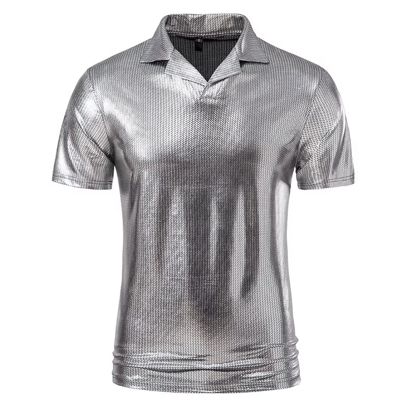 T-shirt à col et manches courtes pour homme, doré gaufré, style urbain brillant, en fibre de polyest