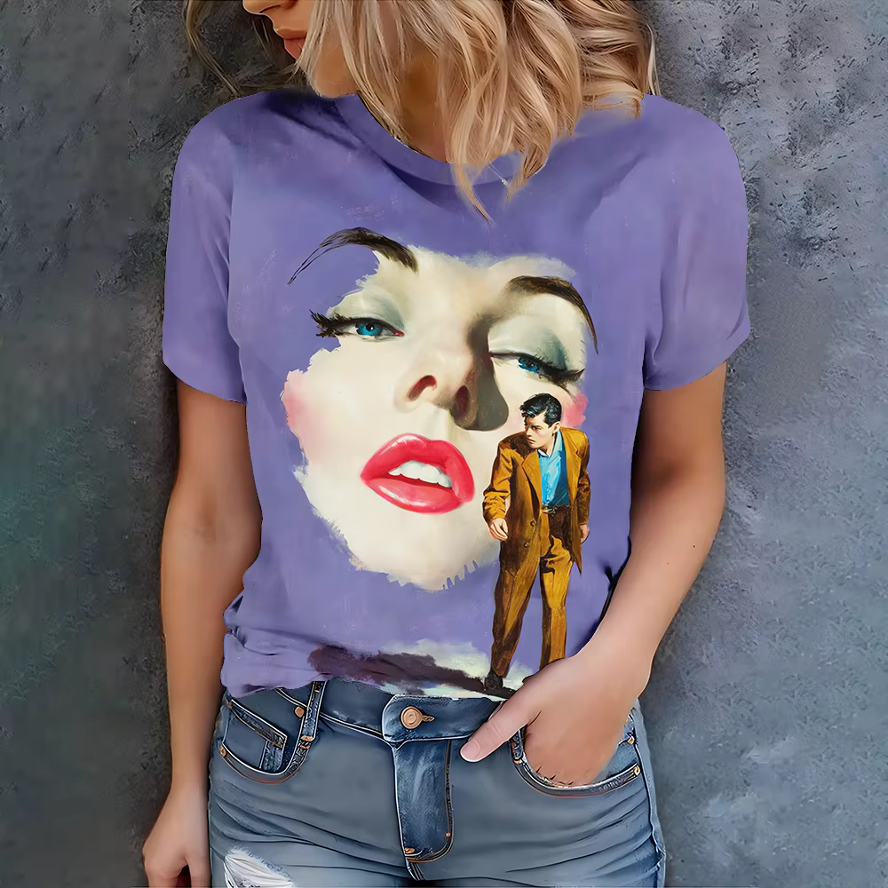 T-shirt d'art violet pour femmes, Design de Portrait surréaliste, mode moderne décontractée, col ron