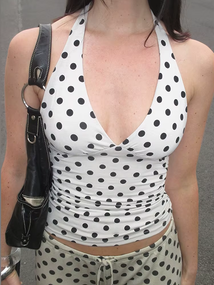 Débardeur col en v pour femmes, col licou, dos nu, imprimé à pois, slim, mode d'été, quotidien, rue,