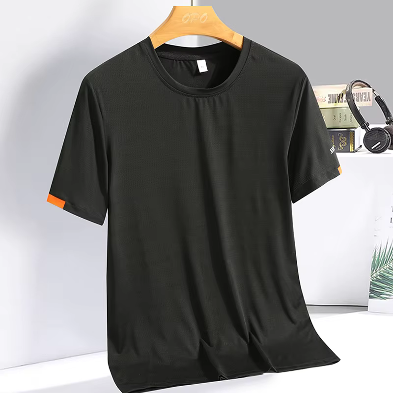 T-shirt d'été en soie glacée pour hommes, sweat-shirt col rond, Simple, costume de course, Fitness, 