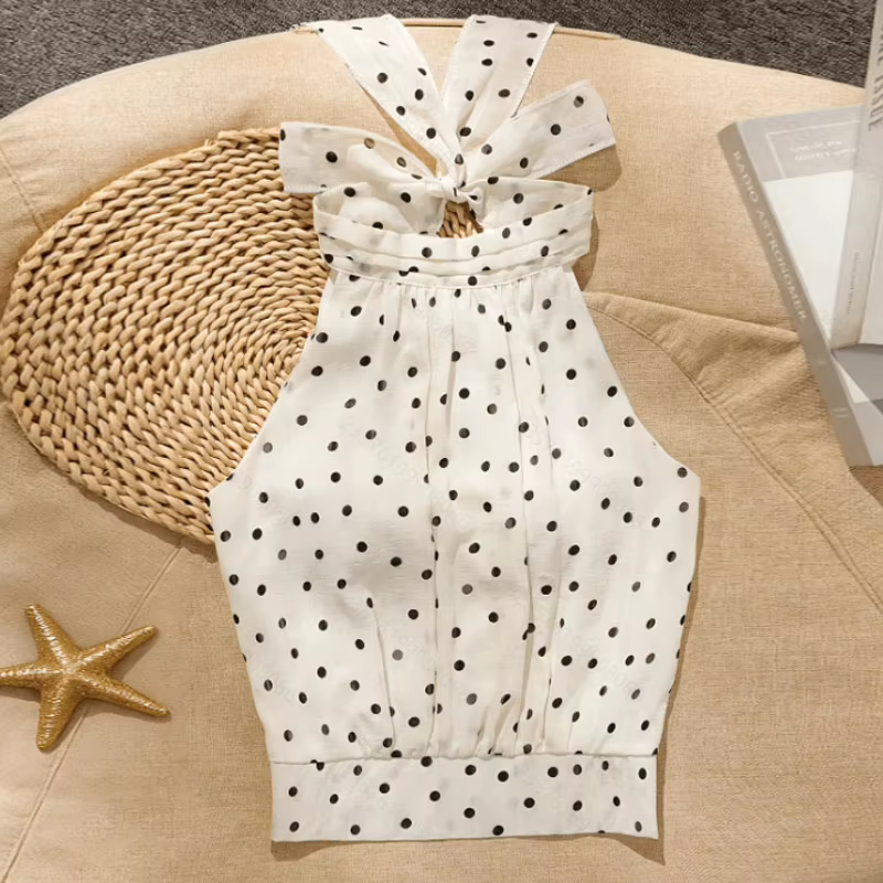 Nouvelle Blouse Sans Manches Élégante pour Femme, Col Halter à Lacets, Motif à Pois, Hauts et Chemis