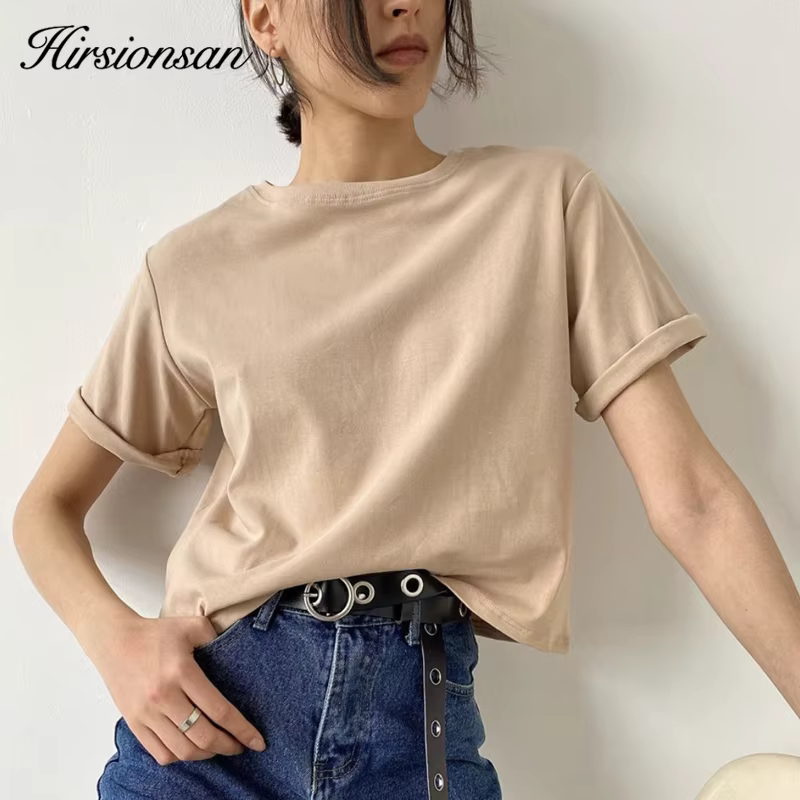 Hirsionsan – t-shirt surdimensionné 100% coton pour femme, basique, ample, à manches courtes, doux,