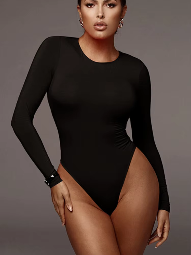 Body Top à manches longues et col rond pour femme, costume de batterie sexy, streetwear décontracté,