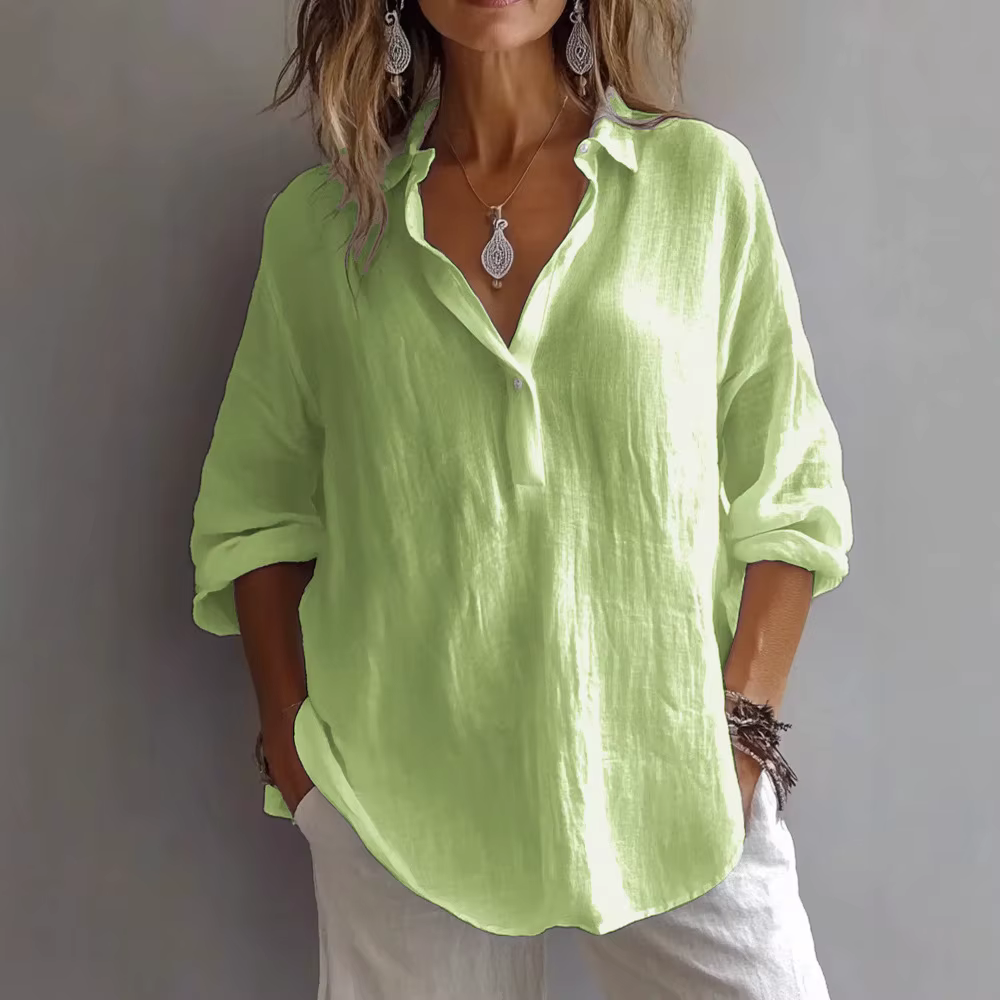 Chemise blanche en mélange de lin pour femmes, couleur unie, ample, manches longues, col en v, chemi