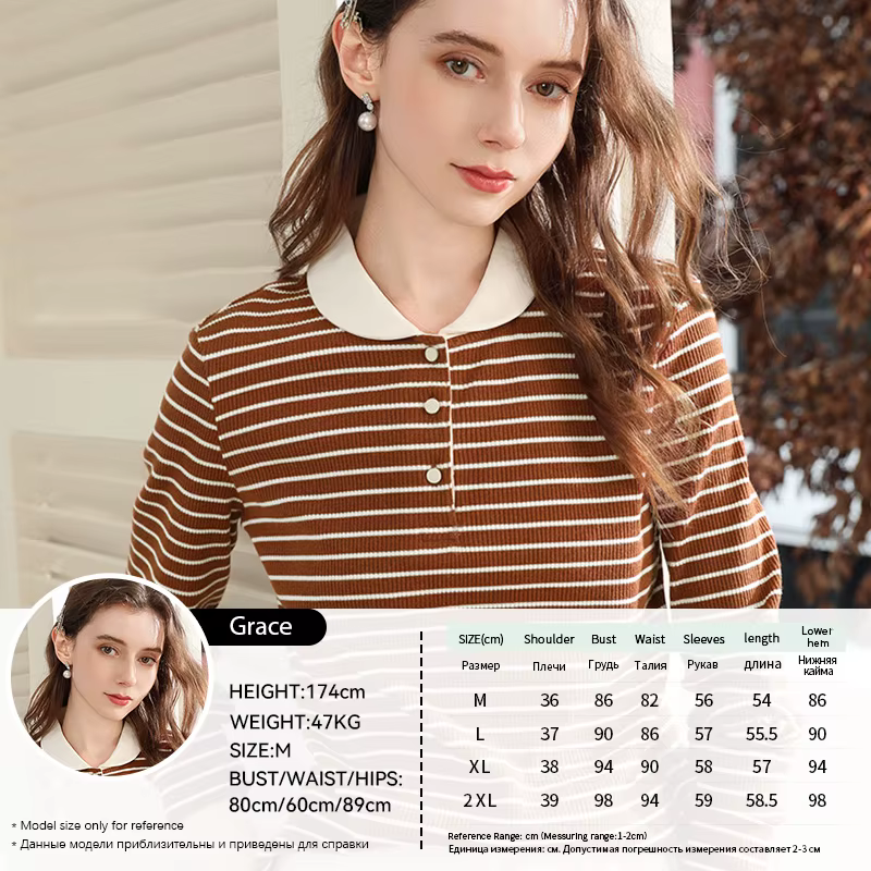 Je crois vous hauts à manches longues pour femme 2025 hiver rétro marron rayé col rabattu tricot T-s