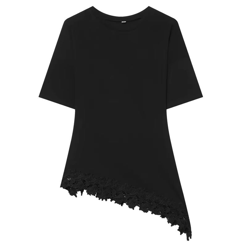 T-shirt noir à manches courtes en dentelle pour femme, coupe ajustée décontractée, haut asymétrique 