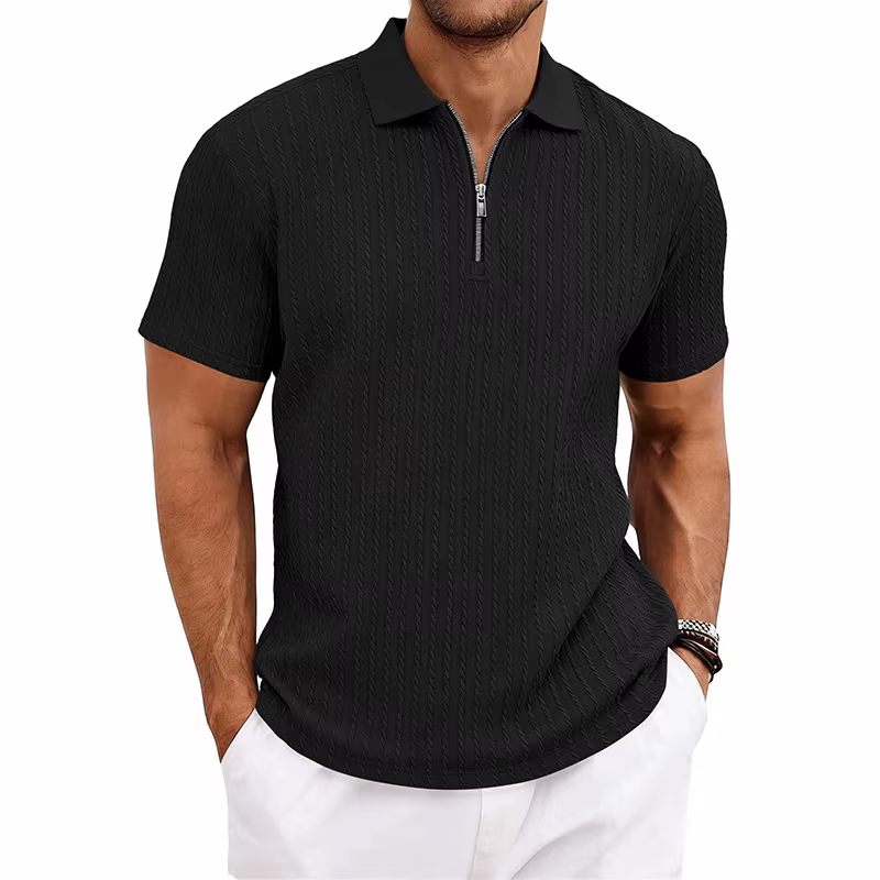 Polo à manches courtes avec col zippé, texture décontractée pour homme, idéal pour les trajets quoti
