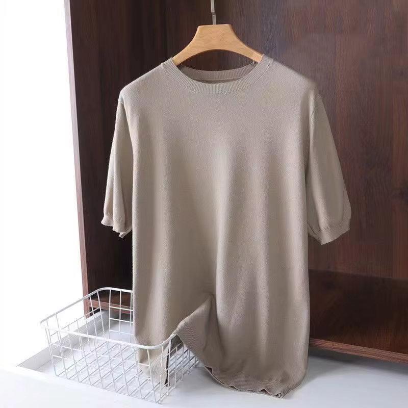 T-shirt en laine mérinos super fine pour hommes, tricoté, col rond, manches courtes, respirant, en c