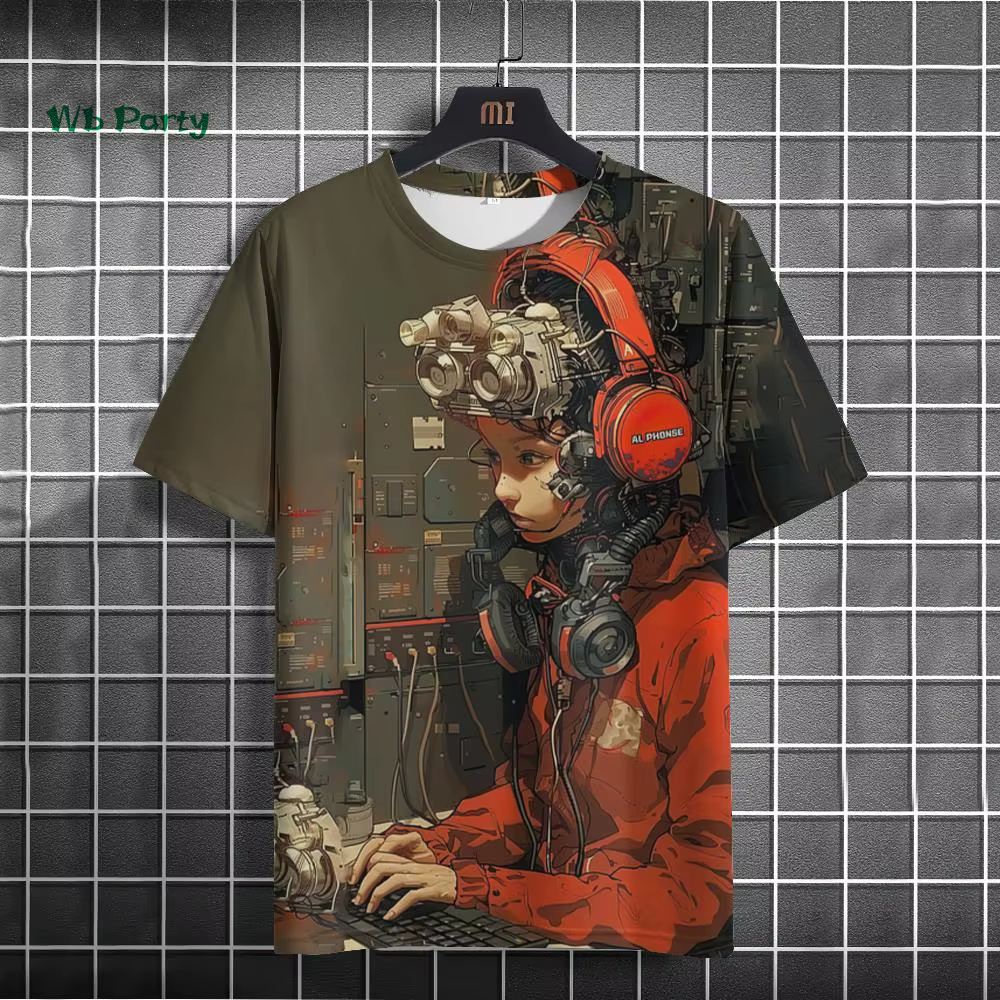 T-Shirt japonais pour hommes, motif cyber mécanique 3D, T-Shirt à manches courtes, surdimensionné, H