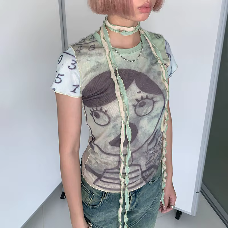 Karrcat-T-shirt en maille grunge et esthétique, Cyber Graphic, Harajuku Fairycore, Bandage Crop Top,