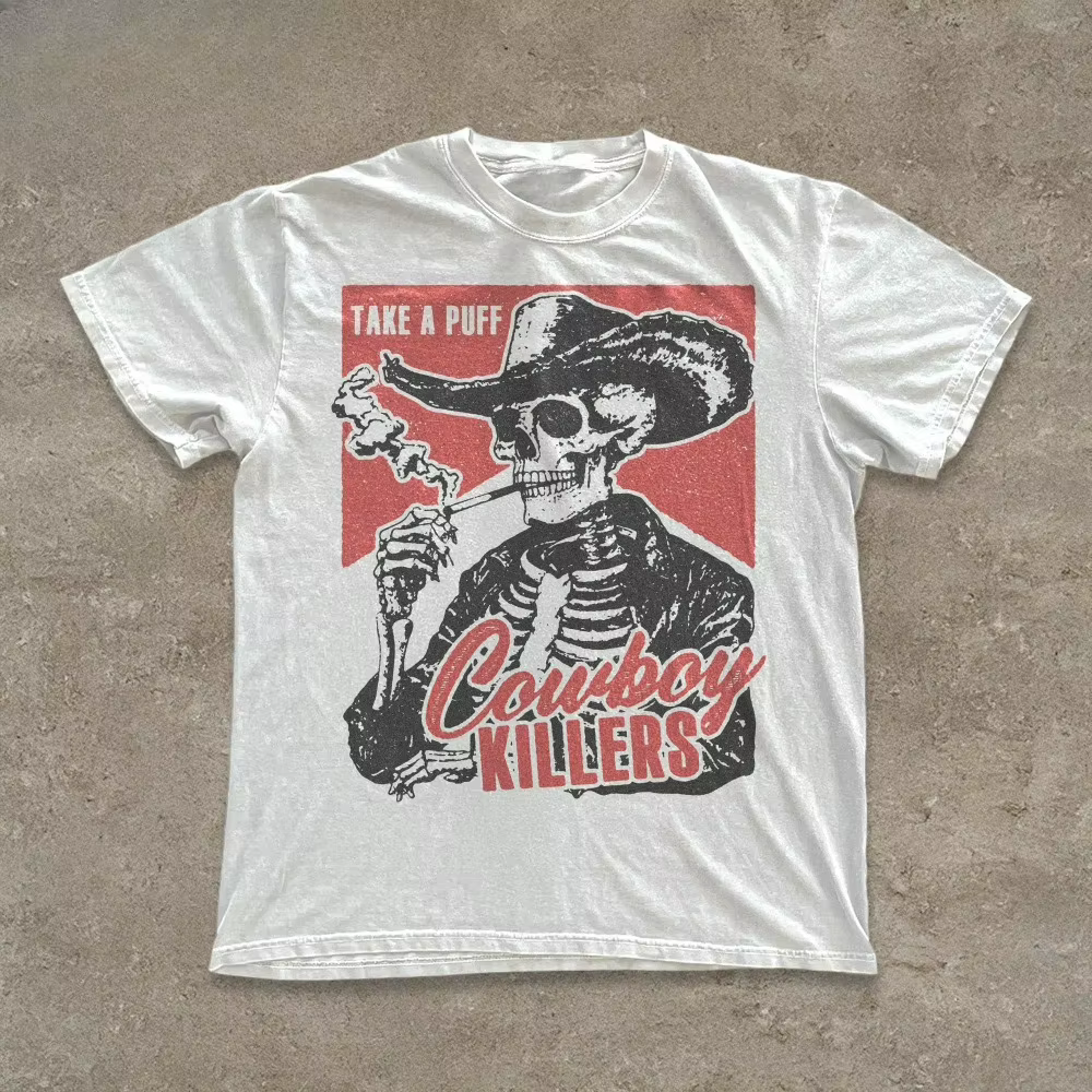 T-shirt Cowboy Tueur avec Crâne Fumant, Motif de Crâne Amusant, Style Punk Western Rétro, T-shirt en