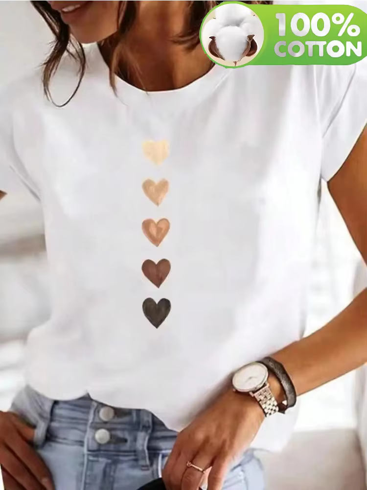 100% coton T-Shirt coeur imprimé lettre impression femmes mode T-Shirt décontracté col rond haut d'é