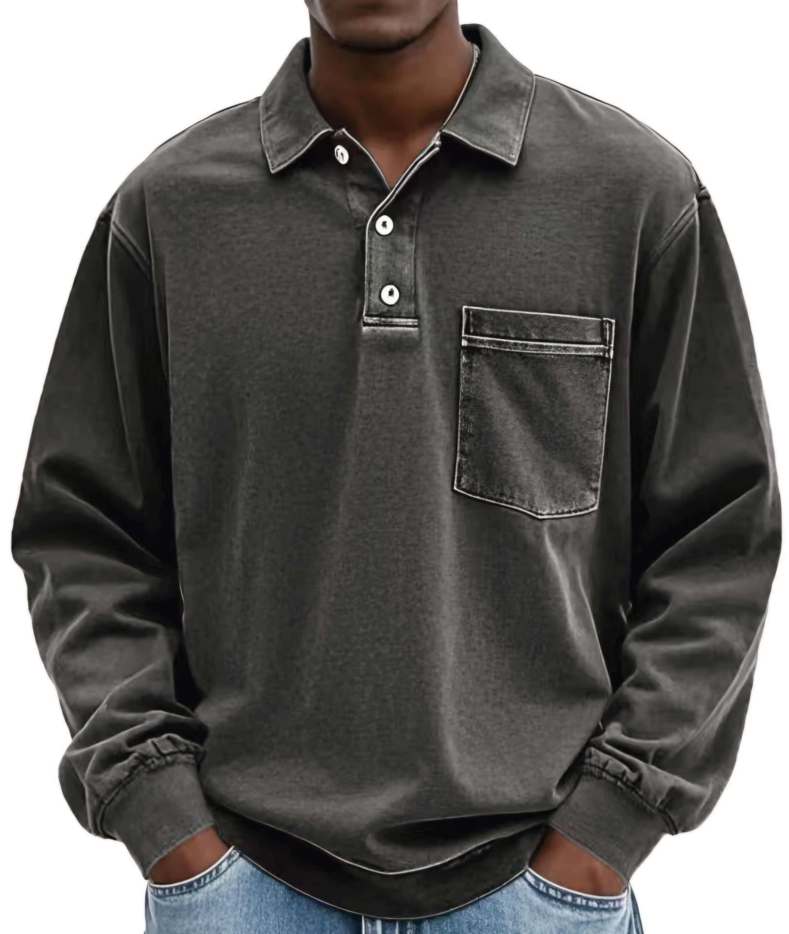Polo à manches longues gris foncé style rétro américain, coupe ample, avec poche sur le col, décontr