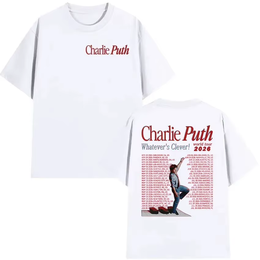 T-shirts unisexes du tournée mondiale Whatevers Clever 2026 du rappeur Charlie Puth, t-shirts à manc