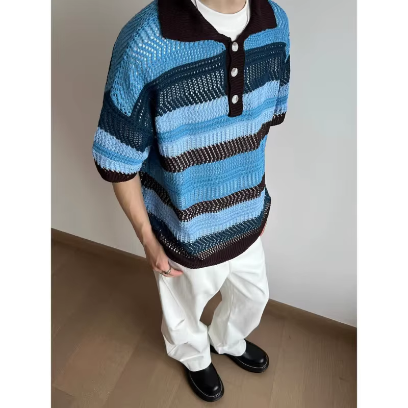 POLO à manches courtes pour hommes, rétro américain, couleur contrastée, ajouré, tricoté, marque de 
