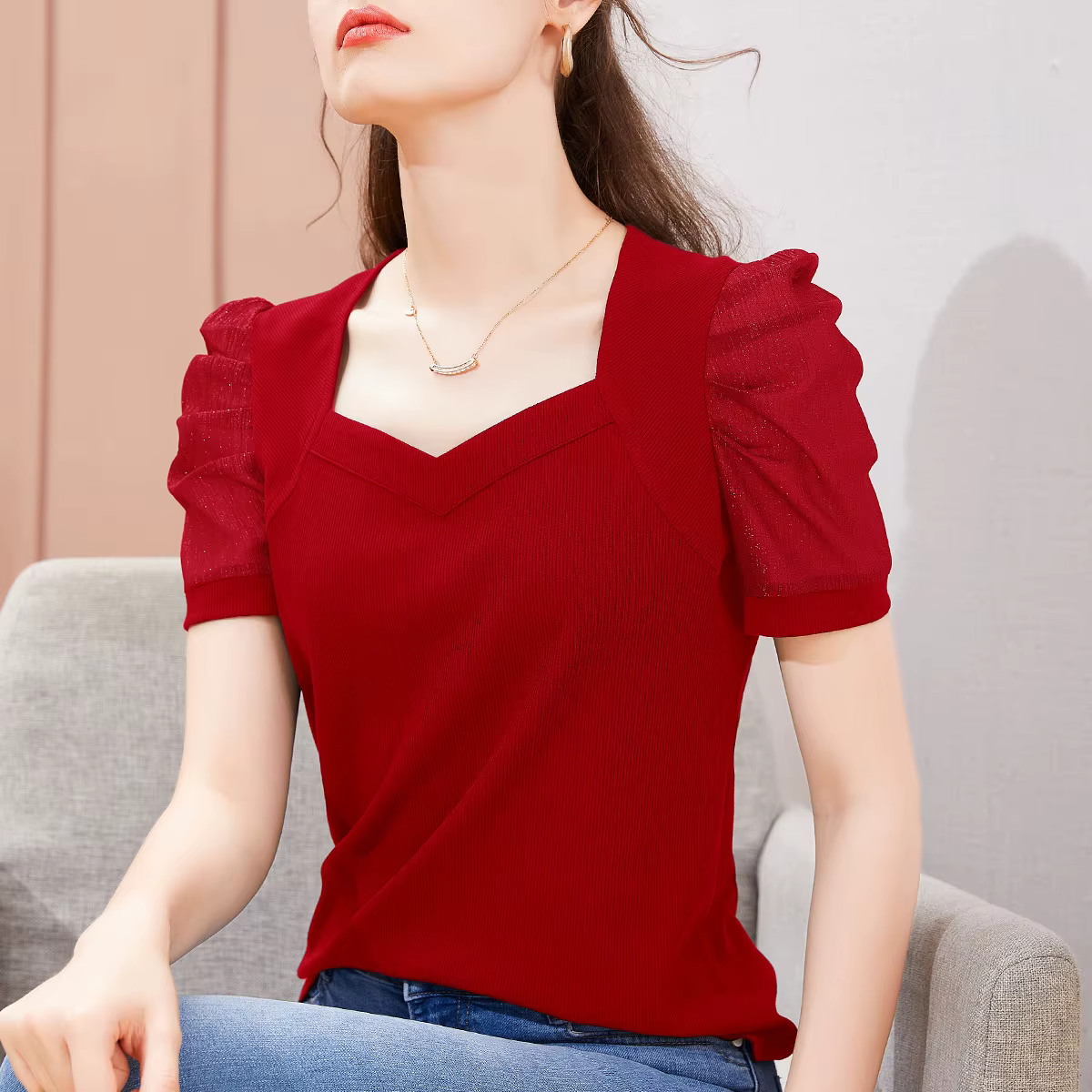 T-shirt à manches courtes pour femme, Nouvelle collection été, Style tendance, Manches bouffantes à 