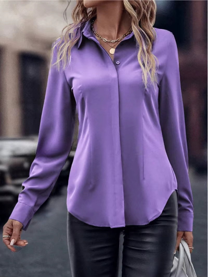 Chemise à manches longues à col boutonné bordeaux pour femmes Coupe ajustée Blouse en satin Haut déc