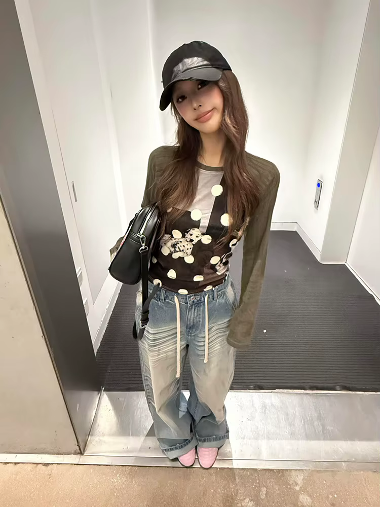 Tonngirls Harajuku imprimé chien graphique hauts à manches longues Patchwork femmes T-shirt Y2k Vint