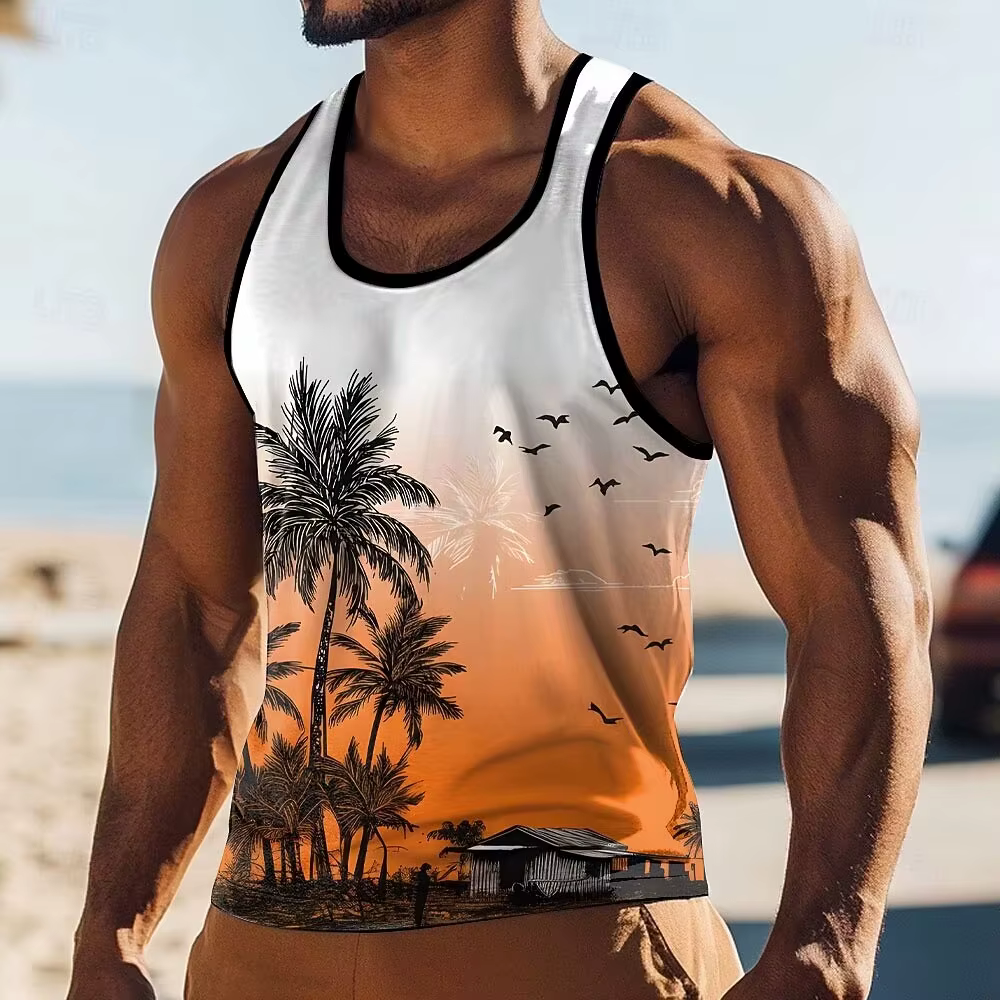 Débardeur pour homme, motif cocotier 3D amusant, col rond, sans manches, confortable, pour vacances 