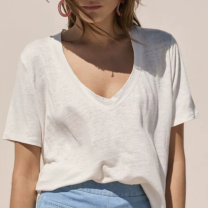 75% coton femmes T-shirt Sexy col en v à manches courtes t-shirts et chemisiers haut pour femme jeun