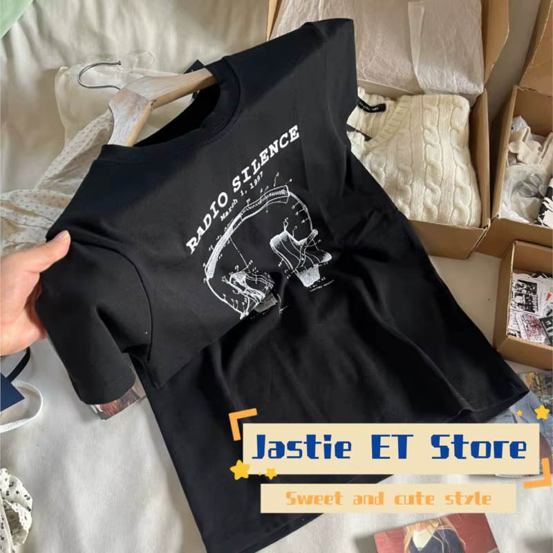 T-shirt à manches courtes et col rond pour femmes, noir, lettre imprimée, écouteur, Harajuku Streetw