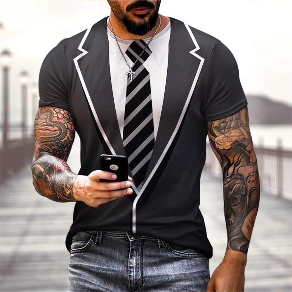 Mode d'été drôle faux costume 3D imprimé T-shirt manteau de queue cravate T-shirt hommes rue à manch
