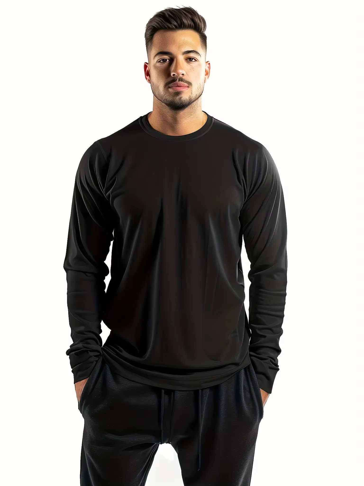 T-shirt 5 pièces à manches longues et col rond pour hommes, couleur unie, design polyvalent, confort