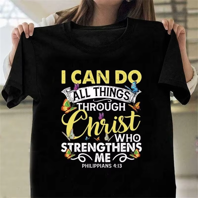T-shirt manches courtes col rond femme, imprimé I Can Do All Thing Through Christ