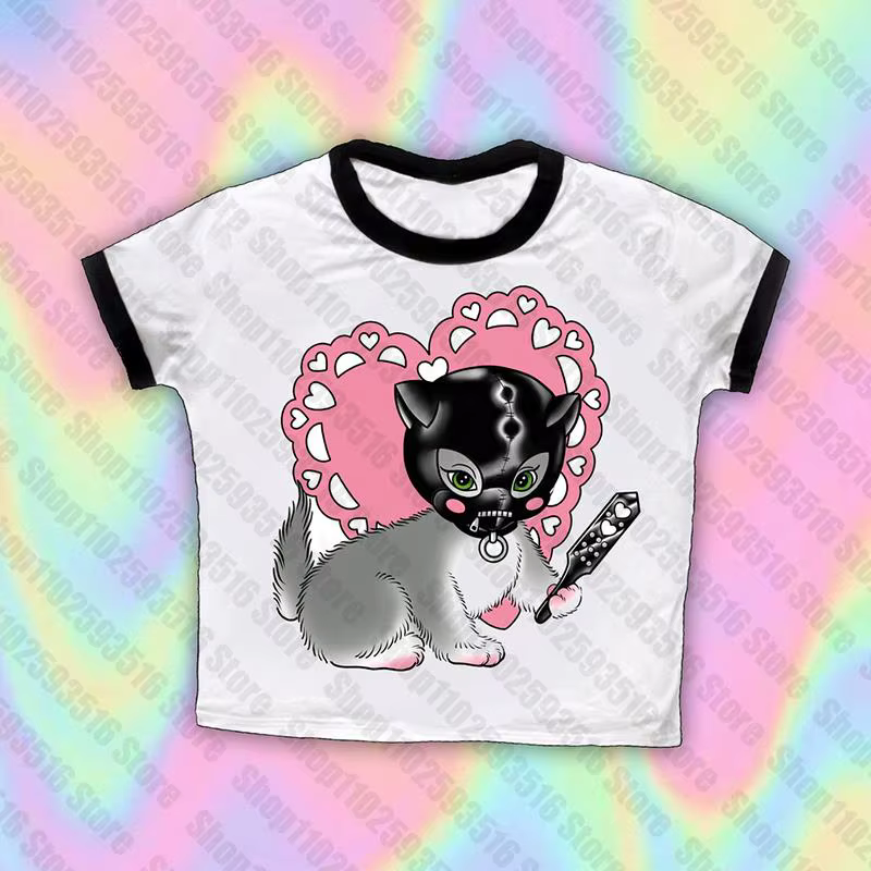 T-shirt Kawaii pour filles, streetwear, punk, mignon, minou, imprimé, esthétique, nickel é, court, s