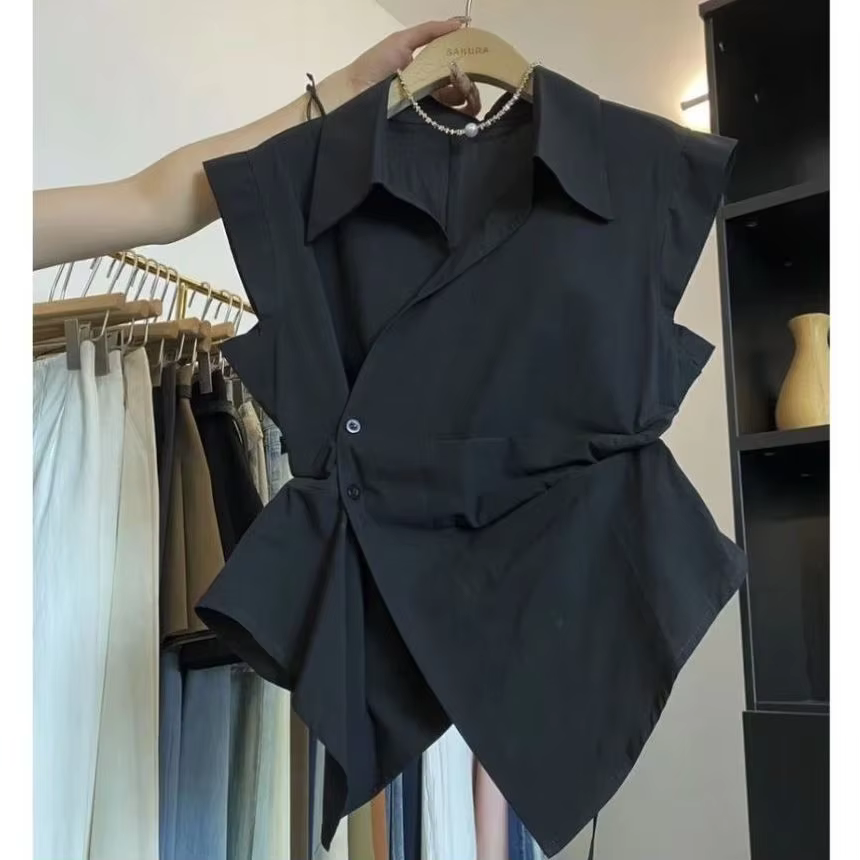 Chemise sans manches pour femmes, couleur unie, plissée, col POLO irrégulier, taille, nouveau Style 