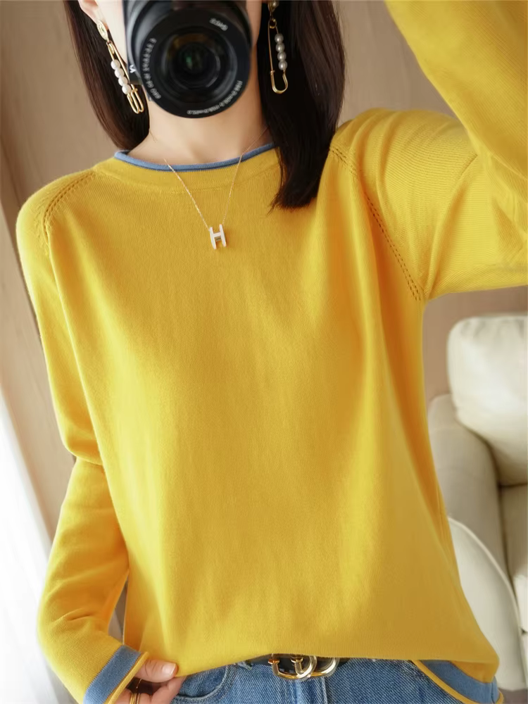 Printemps automne offre spéciale nouveau 100% pur coton pull femmes col rond pull contraste sertissa