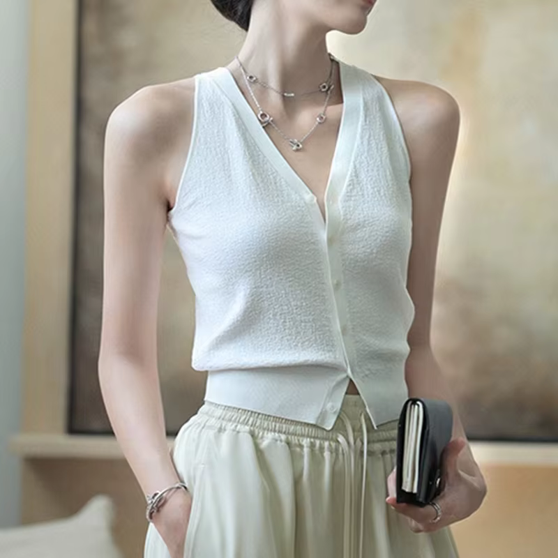 Pull gilet pour femmes doux tricoté bouton avant col en v sans manches Blouse femme décontracté fran