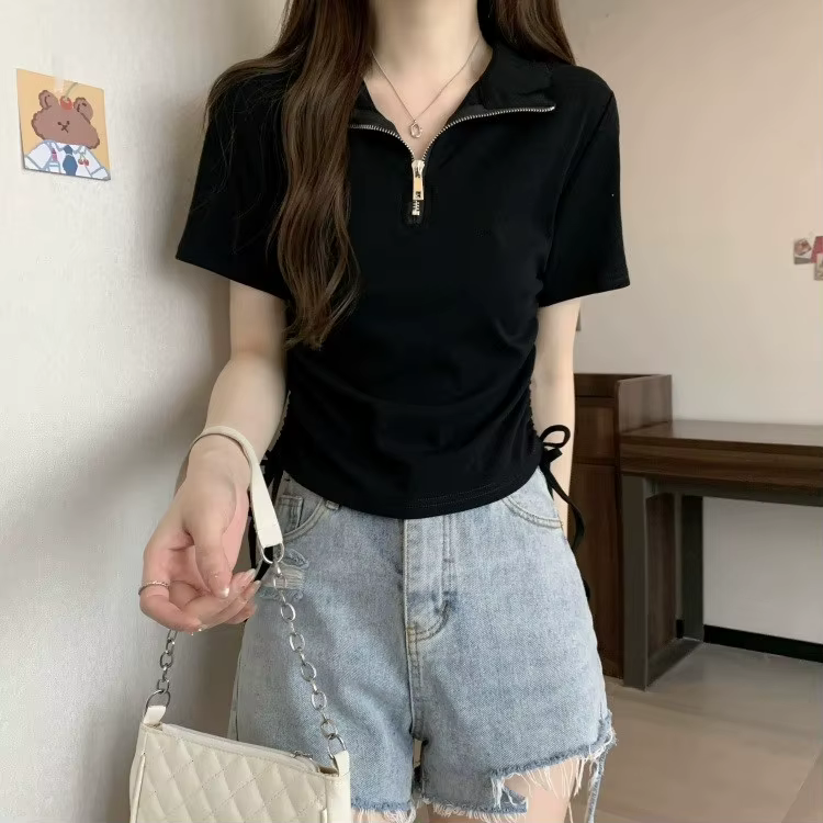Polo mi-zippé pour femme, manches courtes, froncé, avec cordon de serrage, coupe ajustée, décontract