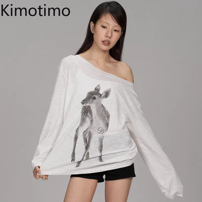 Kimotimo T-shirt Femme Été Imprimé Épaules Dénudées Manches Longues 2026 Nouveau Décontracté Transpa