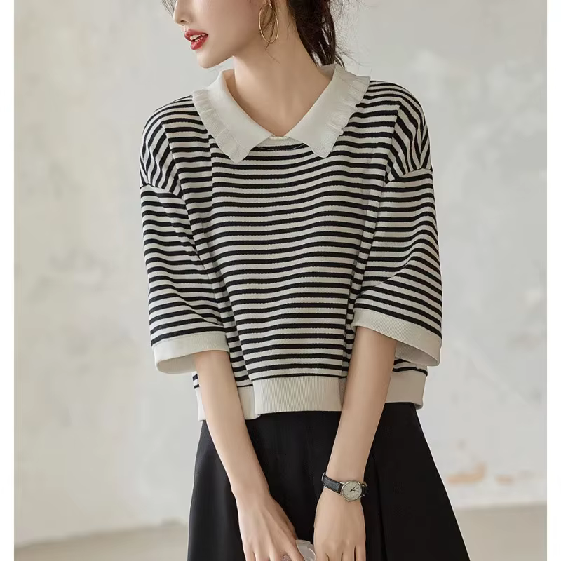 Polo rayé noir et blanc pour femme, manches 3/4, coupe ample, haut décontracté