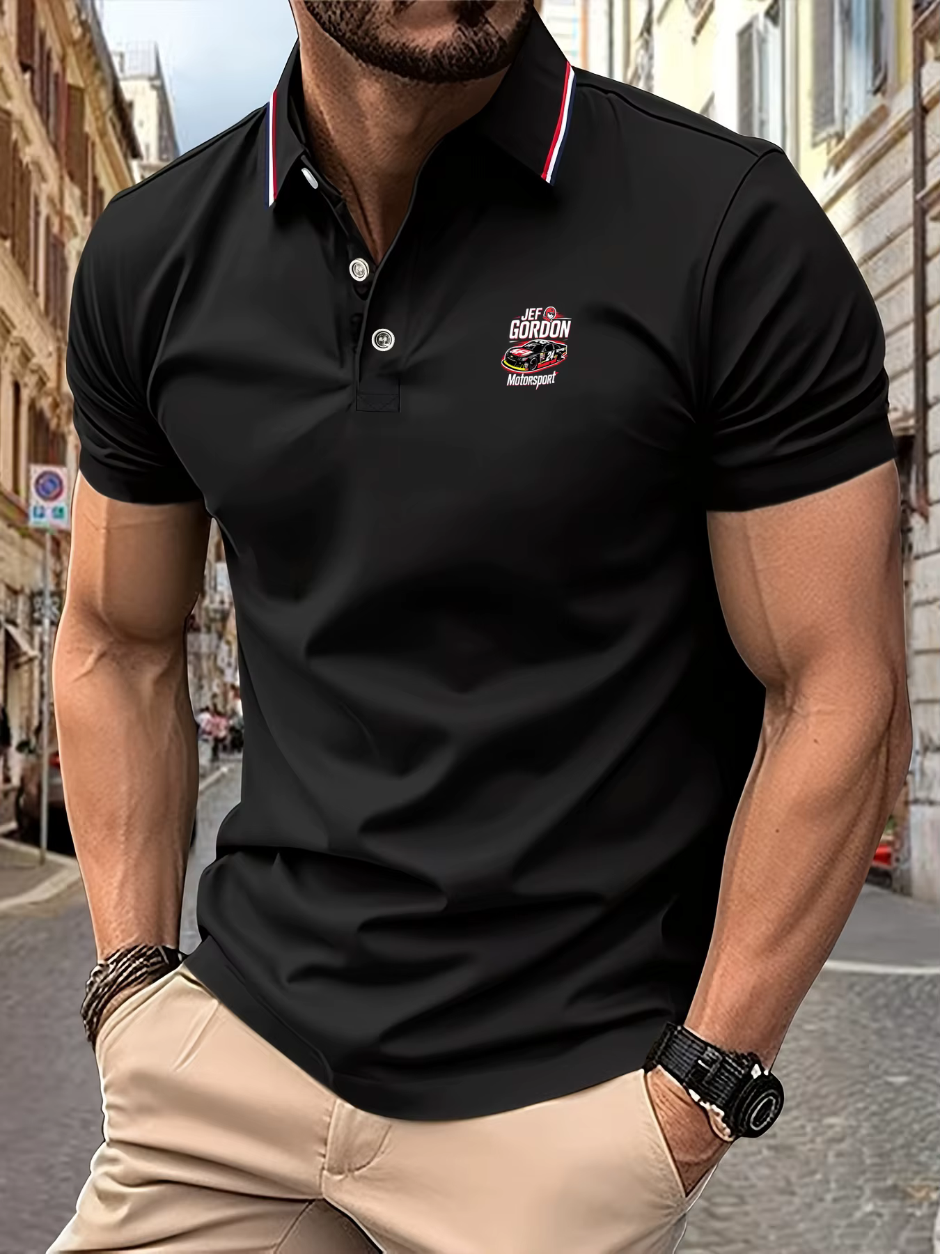 Polo à manches courtes pour hommes, vitesse Racer voiture, col rayé brodé, décontracté, doux, respir