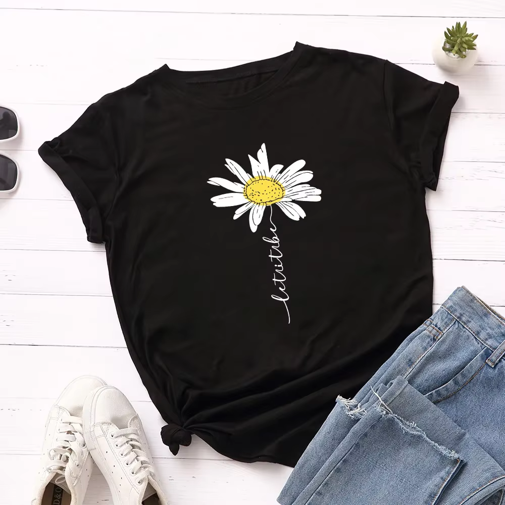 100% coton femmes T-Shirt 2025 été T-Shirt créatif marguerites imprimé femme à manches courtes T-Shi