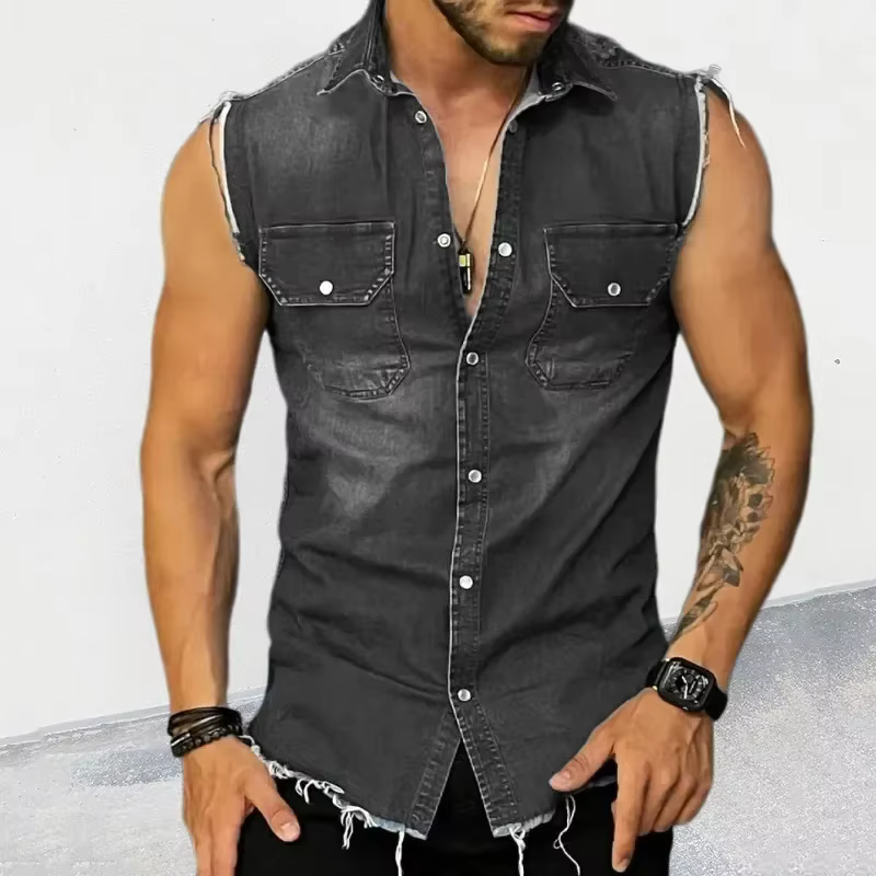 T-shirt en Denim pour hommes, avec revers, Cardigan sans manches, poche supérieure à simple boutonna