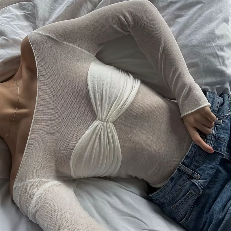 TARUXY-T-Shirt à Manches sulfen Dentelle Blanche pour Femme, Tricot Transparent, Été